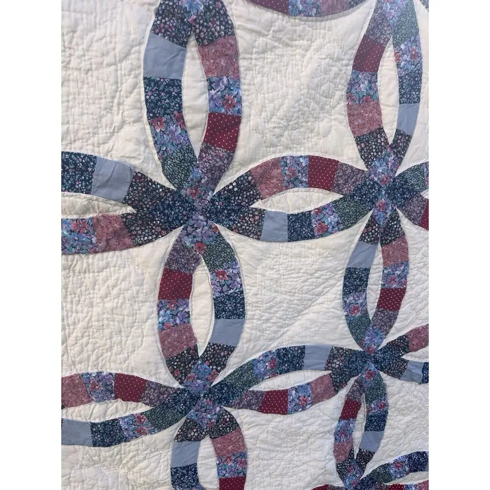Handmade 1940's Double Wedding Ring Quilt 78”x80” USA Feedsack Hand stitched